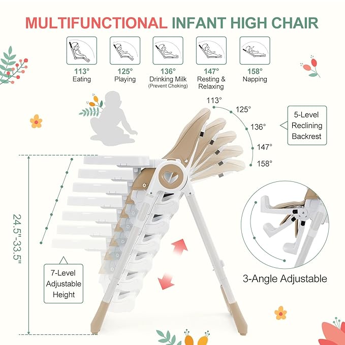 Baby High Chair for Toddlers 1-3 Years Old, Foldable Baby High Chair with Removable Tray, Lightweight Folding Chair with 5-Point Safety Harness, Multiple Recline Positions & Compact Design