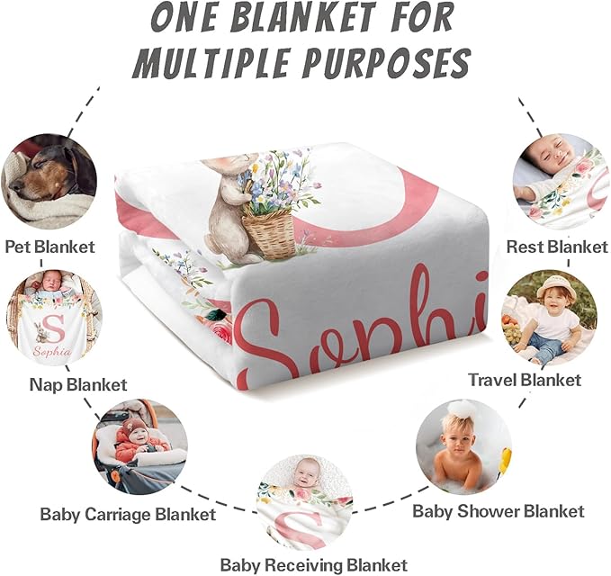 Ship Next Day, Personalized Baby Blanket for Boys Girls - Printed in USA, Custom Baby Blanket with Name Super Soft Plush Flannel, Easter Christmas Brithday Gifts for Baby Shower Kids Toddlers Newborn