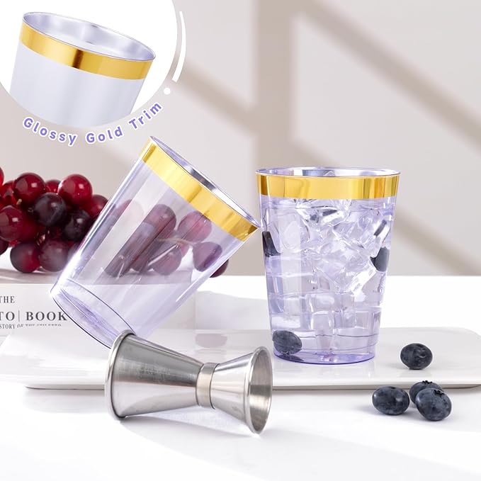 supernal 100 Pack Purple Plastic Cups - 10 Oz Clear Disposable Cups with Gold Trim,Clear Purple Plastic Cocktail Glasses Perfect for Weddings,Birthday,Parties & Elegant Events,Disposable Wine Glasses