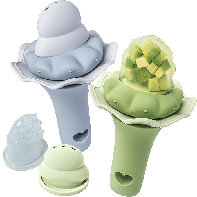 Moonkie Baby Fruit Feeder, BPA Free Silicone Food Feeder for Infant Self Feeding, Baby Shower Gifts for Teething Relief, Baby Feeding Essentials 4 Months+, Two Pouches, 2 Pack