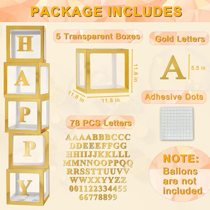 Ledido Gold Transparent Balloon Boxes With 78 Letters, Baby Boxes with Letters for Baby Shower Clear Letter Boxes for Party Graduation Wedding Birthday Baby Shower Decorations 5 PCS