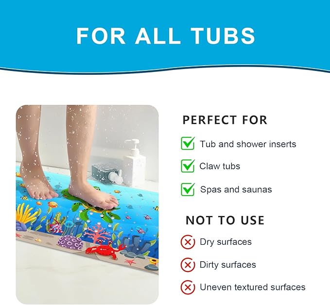 XIYUNTE Baby Bath Mat for Tub Non Slip Kids Bath Mat - 40''x16'' Extra Long Cartoon Sea Turtle Baby Bath Tub Mat Eco-Friendly Toddler Bath Mats with Suction Cups & Drain Holes Easy to Clean & Drying