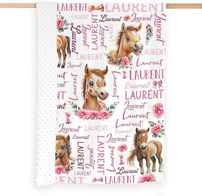 Personalized Baby Blanket for Girls Pink Pony Custom Baby Blankets with Name Dotted Backing Customized Gifts for New Mom Customize Baby Blanket for Kids Newborn Birthday (Pony)