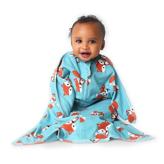 SleepingBaby Zipadee-Zip Transition Swaddle - Cozy Baby Swaddle Blanket with Zipper Convenience - Roomy Wearable Blanket for Easy Diaper Changes - Friendly Fox, Medium (6-12 Month)