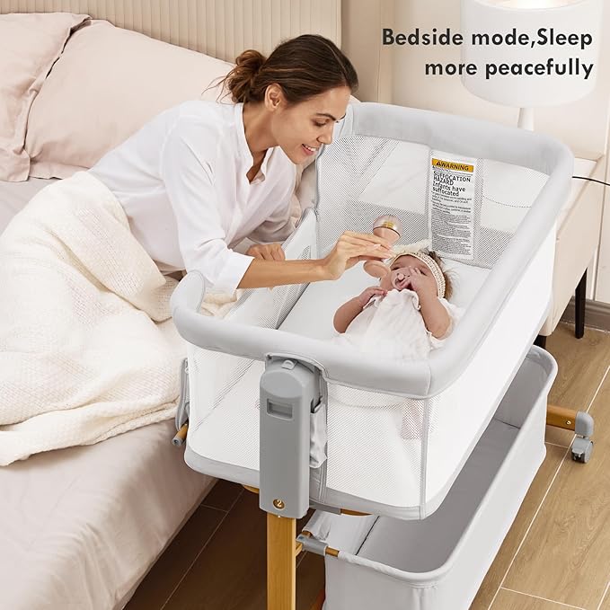 Baby Bassinet Bedside Sleeper, 3-in-1 Rocking Bassinet for Baby with 6-Level Height Adjustable, 4 Wheels & Breathable Mesh Walls, Portable Bedside Bassinet with Mattress for Newborn