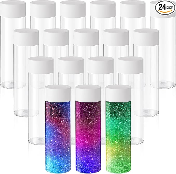Tanlade 24 Pcs Clear Plastic Bottles Empty Sensory Bottles with Caps PET Plastic Juice Reusable Leakproof Drink Container Bulk for Juice Milk(10 Oz/ 300 ml,White Lid)