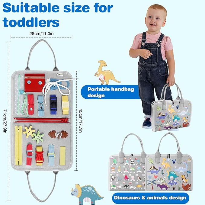 Busy Board Montessori Toys for 1 2 3 4 Year Old Boy & Girl Birthday Gifts, Autism Sensory Travel Toy for Toddlers 1-3, Educational Activity Sensory Board Learning Fine Motor Skills Toys, Gray