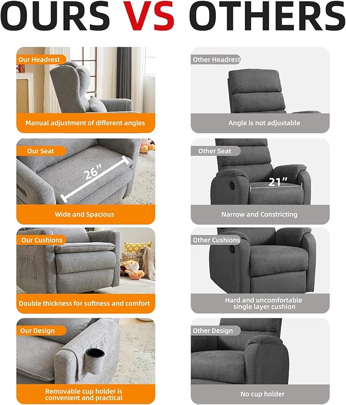 Oversized Swivel Rocker Recliner Chair, 26" Extra Wide Glider Nursery Chair with Adjustable Headrest, Chenille Power Recliner Rocking with Double Cushion, Cup Holder, Grey