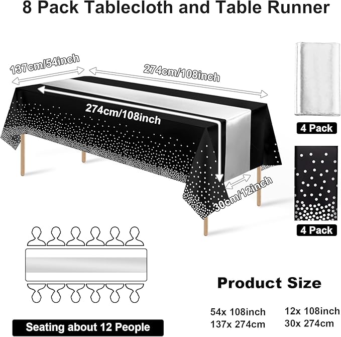 8Pack Disposable Plastic Tablecloths and Satin Table Runner Set Black and Silver Dot Tablecloth Silver Satin Table Runner for Wedding Birthday Baby Shower Anniversary Christmas New Year Party Supply