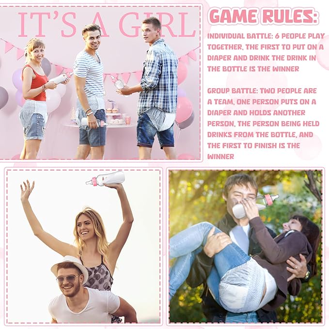 Hushee 6 Sets Funny Plastic Bottle Chug Baby Shower Games Diaper Baby Shower Game Gender Reveal Race Gifts Decoration for Adults Boys Girls (Pink)