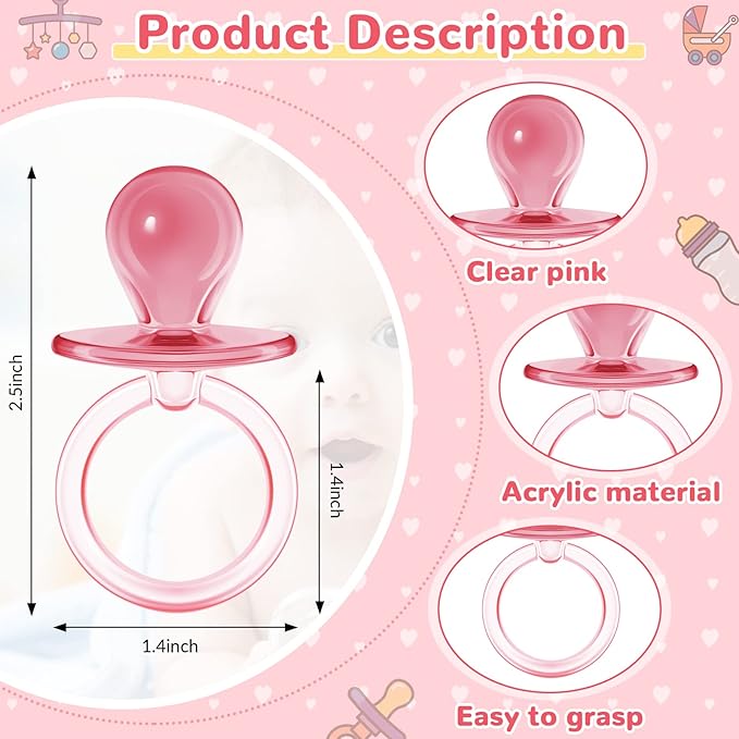 Jetec 48 Pieces 2.5 Inch Acrylic Baby Pacifiers Gender Reveal Party Decorations for DIY Baby Shower Birthday Party Favors(Pink)