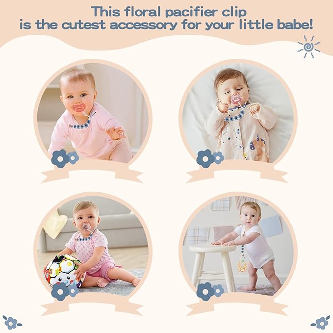 Pacifier Clip for Boys Girls Floral Daisy Macrame Paci Clip Pacifier Holder Leash Boho Wooden Clips Handmade Braided Cotton Unisex Baby Shower Birthday Gift