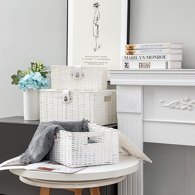 Set of 3 Woven Wicker Storage Basket Box with Lid & Lock, Built-in Carry Handles, Multifunctional Storage Organiser for Nursery, Baby, Clothes, Toys, Books, Large/Medium/Small Size (White)