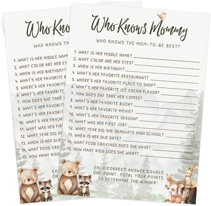 Printed Party Woodland Baby Shower Games for Boy – Set of 4 Games for 30 Guests, Forest Animal Theme, Includes Bingo, Mommy Trivia, Emoji Storybook, and Guess Who