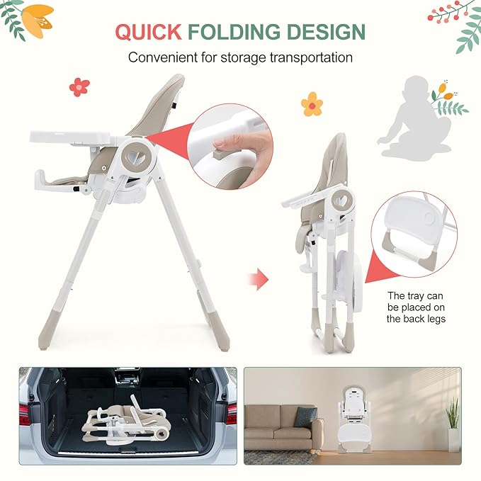 Baby High Chair for Toddlers 1-3 Years Old, Foldable Baby High Chair with Removable Tray, Lightweight Folding Chair with 5-Point Safety Harness, Multiple Recline Positions & Compact Design