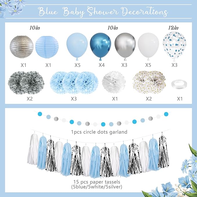 Amandir Blue Boy Baby Shower Decorations Welcome Baby Banner, Cake Topper, Paper Lantern, Light Blue Balloons, Pom Poms Flowers Tassels, Circle Dots Star Garland, Gender Reveal Birthday Party Supplies