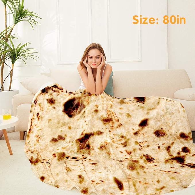 Burrito Tortilla Throw Blanket, 2.0 Double Sided Burritos Taco Tortilla Wrap Blankets for Adults Kids, Giant Funny Realistic Food Blankets, Soft Flannel Round Throw Blanket