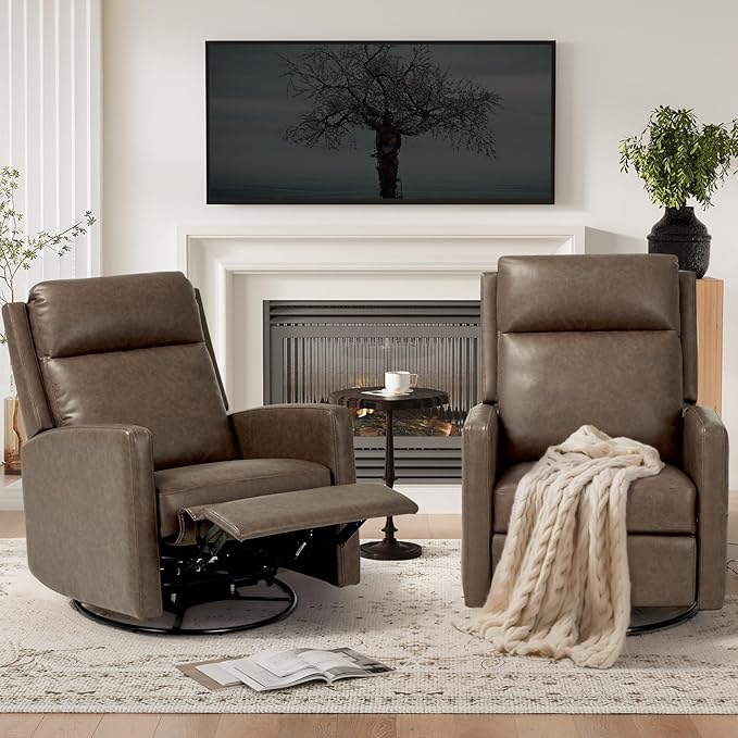 COLAMY Recliner Chair, PU Leather 360° Swivel Rocker Recliner, Nursery Glider Recliner with Ergonomic High Backrest and Upholstered Deep Seat for Living Room, Bedroom, Color Gray