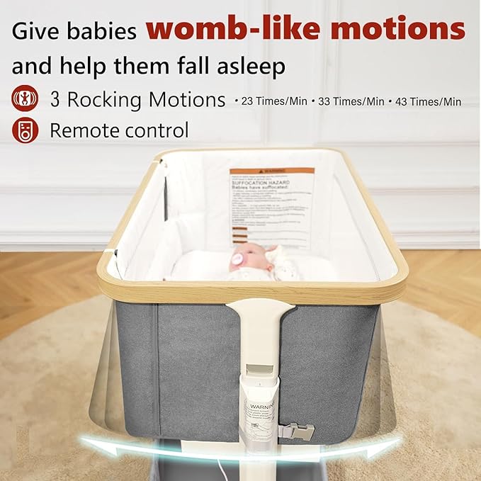 Rocking Bassinet for Baby Electric Automatic Bedside Sleeper Rocks Itself 3 Speed Auto Rolling Newborn Cradle 5 Height Adjustable with Music, Wheels, Storage, Dark Grey
