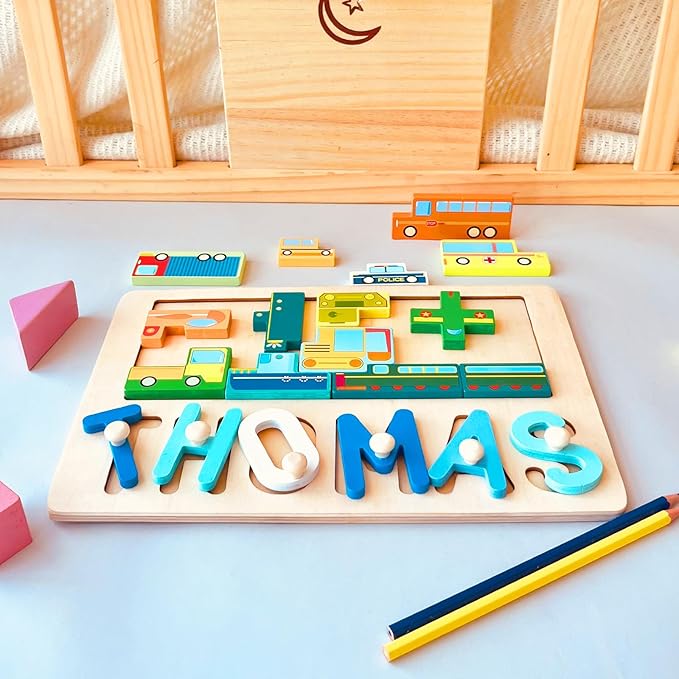 Personalized Puzzles for Toddlers 1-3, Baby Name Puzzle, 1 Year Old Girl Gifts, Montessori Learning Toy for Toddlers Ages 1-3 (Block Vehicles)