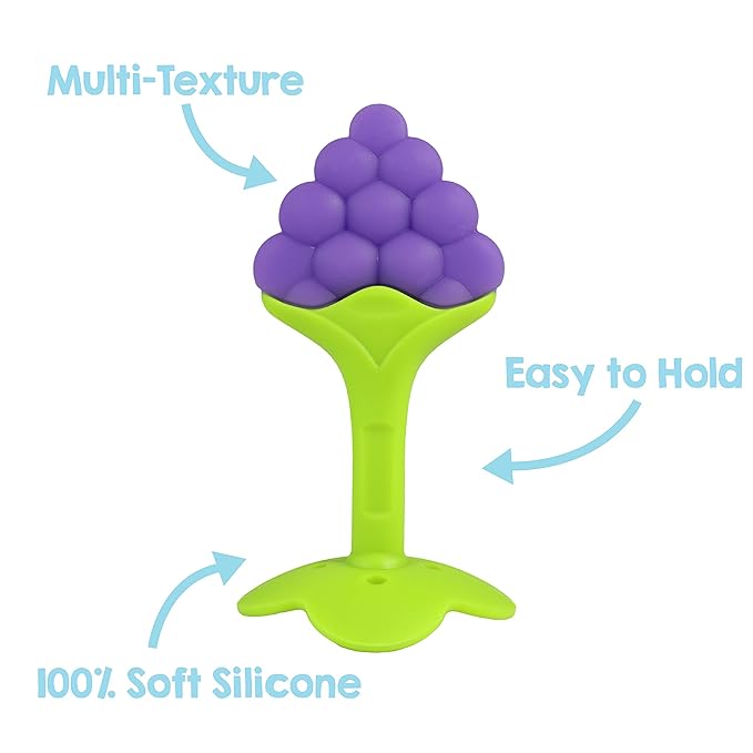 RaZbaby Infant & Baby Massager & Teether Toy 3-Pack, Fruit-Shaped Multi-Texture Teethers Soothe Sore Gums, Non-Toxic BPA-Free Food-Grade Silicone, Hands-Free & Easy to Hold, Safe to Freeze, 3M+