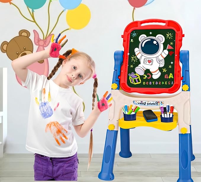 Art Easel for Kids 2-4, Kids Easel Art Magnetic White Board & Chalkboard Double Side Adjustable Stand Drawing Writing Learning Educational Toy for Boys Girl Birthday Gifts(Blue)