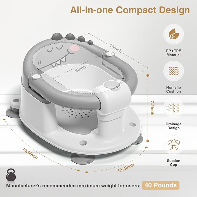 Baby Bath Seat for Babies 5 Months & Up - Non-Slip Bath Seat for Sitting Up with Baby Essentials Kit, Soft Cushion & Compact Design, Toddler Bathtub Seat