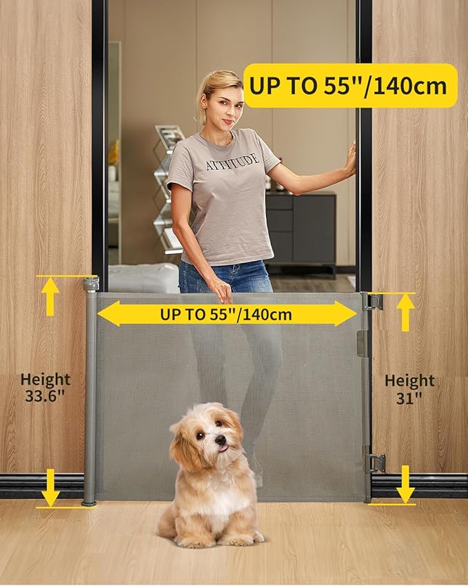 Retractable Baby Gate for Stairs – 33” Height, Expands up to 55” Width – Safety Gate for Infants, Toddlers, Dogs & Pets – Easy Install, Secure Closure, Gray Mesh Design for Indoor & Outdoor Use