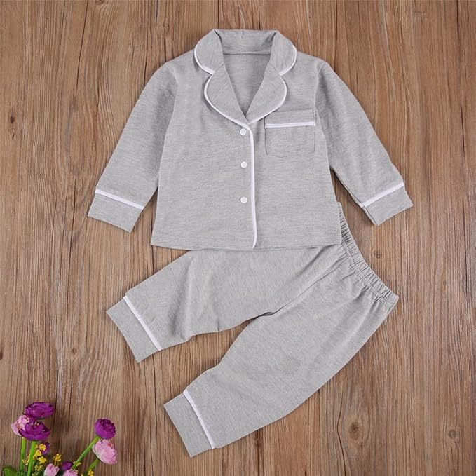 Toddler Kids Baby Girl Solid Pjs Ruffle Long Sleeve Button Shirt Top and Pants Cotton 2Piece Pajamas Set