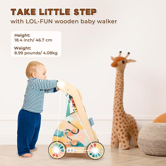 LOL-FUN Wooden Baby Walker with Double-Sided Busy Board, Push Walker for Baby with Adjustable Speed Wheels, Activity Learning Walker for Boys 6-12 Months