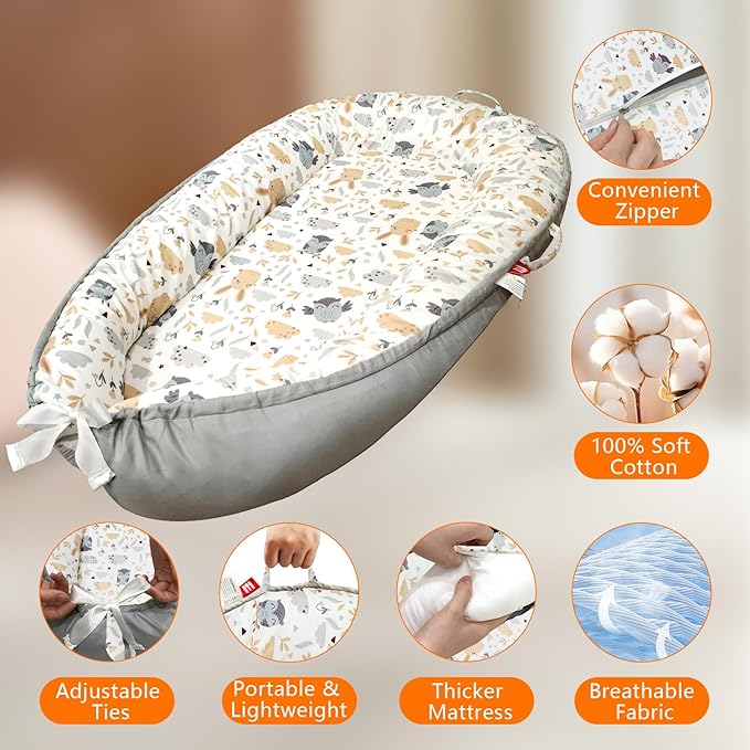 Baby Lounger for Newborn 0-24 Months, Baby Nest Cover Breathable and Soft Cotton, Infant Lounger with U-Shaped Safety Bumper for Cozy Comfort Baby Essentials (Owl Rabbit)