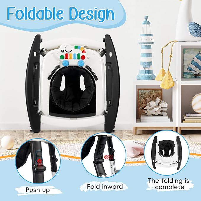 5-in-1 Music and Lights Baby Walker Foldable with 5 Adjustable Heights, Baby Walker with Wheels and Bouncer Combo Portable, Infant Toddler Walker for Baby Boy Girls 6-18 Months