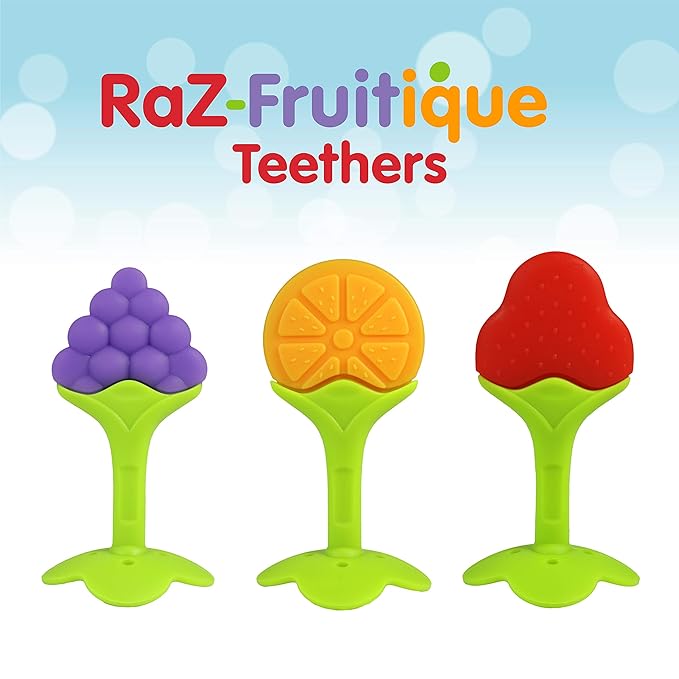RaZbaby Infant & Baby Massager & Teether Toy 3-Pack, Fruit-Shaped Multi-Texture Teethers Soothe Sore Gums, Non-Toxic BPA-Free Food-Grade Silicone, Hands-Free & Easy to Hold, Safe to Freeze, 3M+