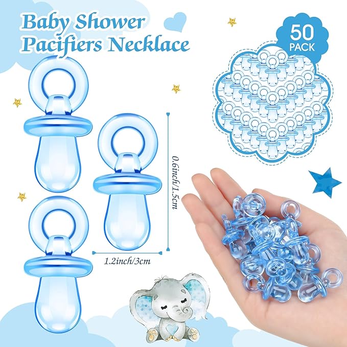 Thyle 51 Pcs Pacifier Hunt Baby Shower Games Include Hunt Sign and 50 Acrylic Pacifiers for Baby Shower Game Decoration Gift Sets Gender Reveal Party Decor(Blue Elephant)