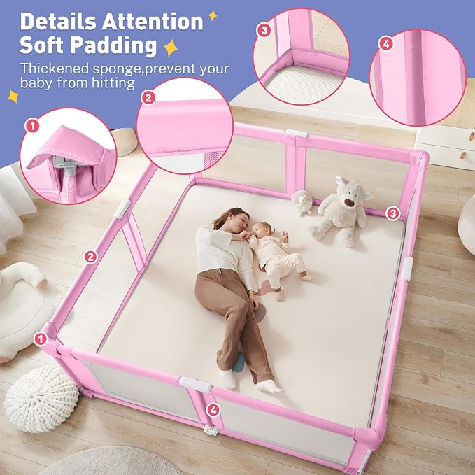 Baby Playpen Portable, Pre-Assembled Play Pen 71x79 Large Foldable Playpen for Babies and Toddlers, Sturdy and Safe Toddler Play Yard Indoor Outdoor with Carry Bag, Pink
