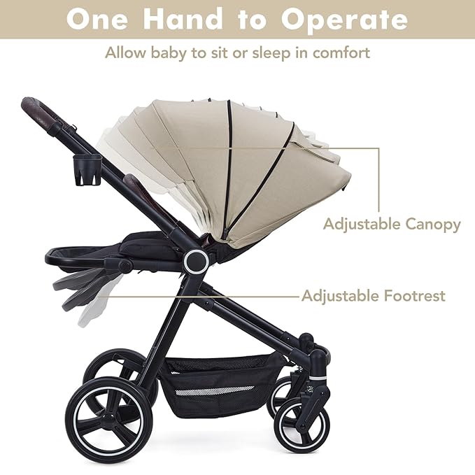 Baby Stroller, High Landscape Pushchair with Reversible Seat, One-Hand Fold and Cup Holder, 4 Modes Convertible Toddler Stroller with Storage Basket, Adjustable Footrest and Canopy, Beige