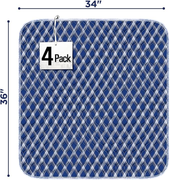 Non-Slip Bed Pads for Incontinence Washable (34" x 36"|4 Pack), Waterproof Bed Pads, Navy Blue Grid, Bed Wetting Pads for Bed, Sofa, Floor, Resuable Underpads for Adults, Seniors, Pet