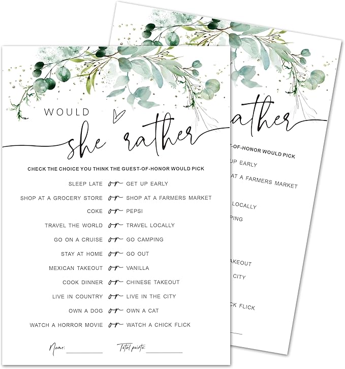 Baby Shower Game Cards - Set of 30 Would She Rather Game - Greenery Double Sided Print Baby Announcement Gender Reveal Card for Parents to Be - Baby Shower Party Activities Supplies - A13