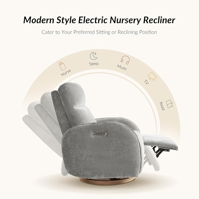 HULALA HOME Glider Recliner Nursery Chair with Adjustable Headrest and Lumbar Support, Modern Power Recliner with USB Port and Nightlight, Swivel Rocker Glider for Nursing Room Bedroom, Grey