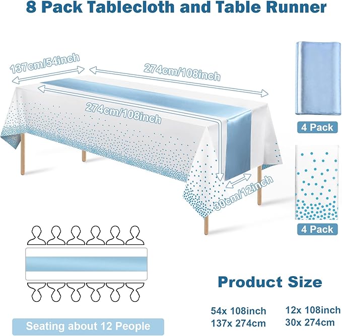 8Pack Disposable Plastic Tablecloths and Satin Table Runner Set White and Light Blue Dot Tablecloth Light Blue Satin Table Runner for Wedding Birthday Baby Shower Engagement Christmas Party Supplies