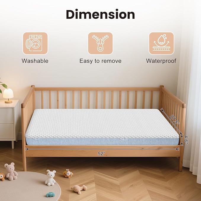 Crib Mattress, 52 x 27 Dual-Sided Comfort Baby and Toddler Mattress with Memory Foam, Waterproof, Breathable & Removable Cover with One of Side Cooling Fiber Fabric Specially Designed for Summer