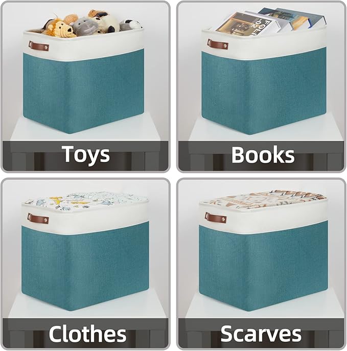 HNZIGE Large Canvas Organizer Baskets for Organizing, Rectangular Shelf Baskets with Handles, Collapsible Linen Storage Basket for Storage Shelves Closet, Home(White Teal), 17" x 12" x 15"