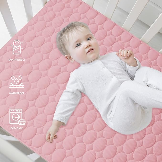 Crib Mattress Protector Sheets Waterproof 2 Pack, Quilted Crib Mattress Pad Cover Fitted Fits for Baby Toddler Bed Mattress, Grey & Pink, 52” x 28”