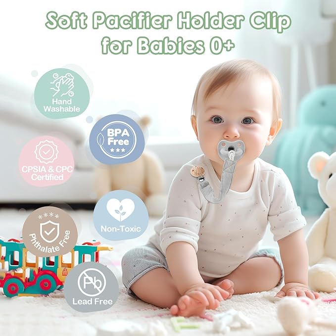 TYRY.HU Ribbon Pacifier Clip Holder,2 Pack Binky Paci Holder Clips, Pacifier Leash for Baby Boys and Girls, Soft Webbing Strap Universal Fits for Most Pacifier, Styles & Teethers Toys(Grey, Green)