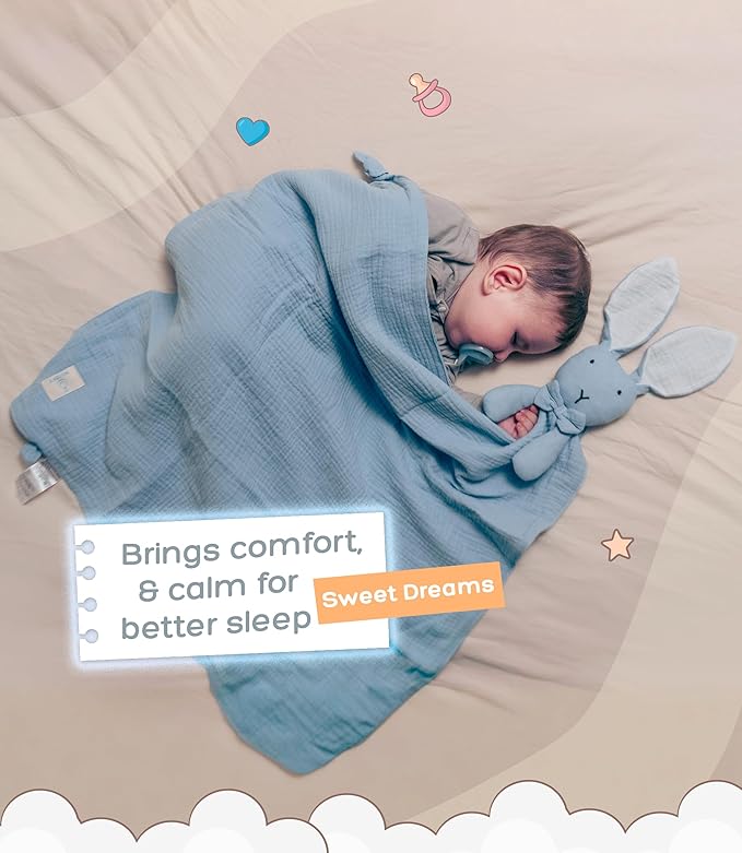 Baby Lovey Blanket β Muslin Security Blanket with Plush Bunny for Newborn Boys or Girls β Soft and Cozy Lovey 24 x 24 inches