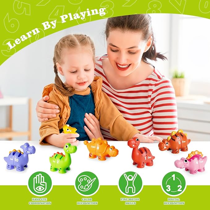 20PCS Dinosaur Number Matching Learning Toys for Toddlers 3-5, 10 Different Dinosaur Figures, Montessori Educational Toys Gifts for Boy Girl, Preschool Learning Activities, Double Sided Matching Game