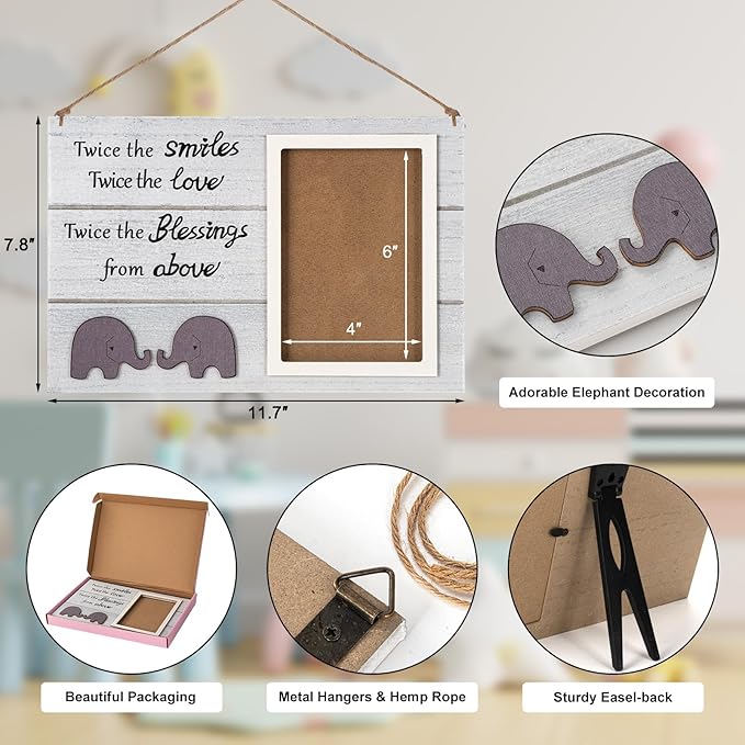Twins Picture Frame, Pregnancy Announcement, Boy Girl Wood Photo Frame, Baby Keepsake Gifts for New Parents, Unique Shower Gifts, Nursery Decor, 4x6 Photo (White)