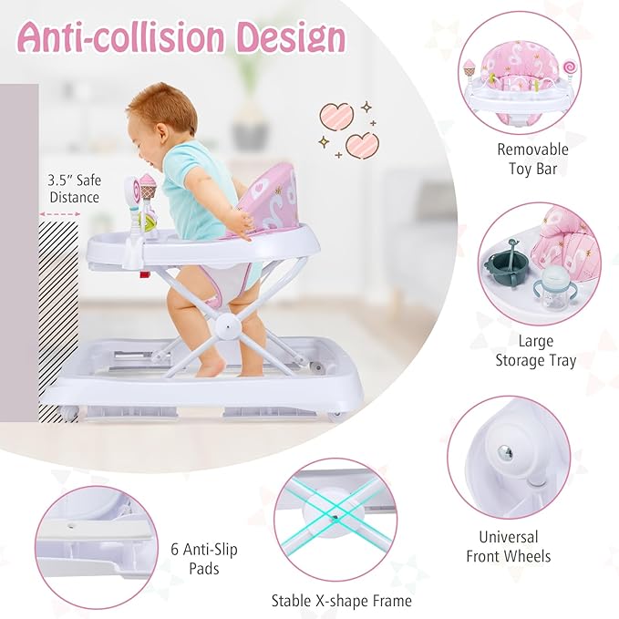 HONEY JOY Baby Walker, Foldable Toddler Walker with Toys, Push Walker for Boys and Girls, Adjustable Height, High Back Padded Seat, Infant Activity Walker with Wheels (Pink)