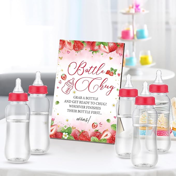 TrelaCo Cool Baby Shower Games Wooden Bottle Chug Sign Strawberry Theme Gift Sets and 12 Pcs Baby Bottle Shower Favor for Rustic Kraft Games Gender Reveal