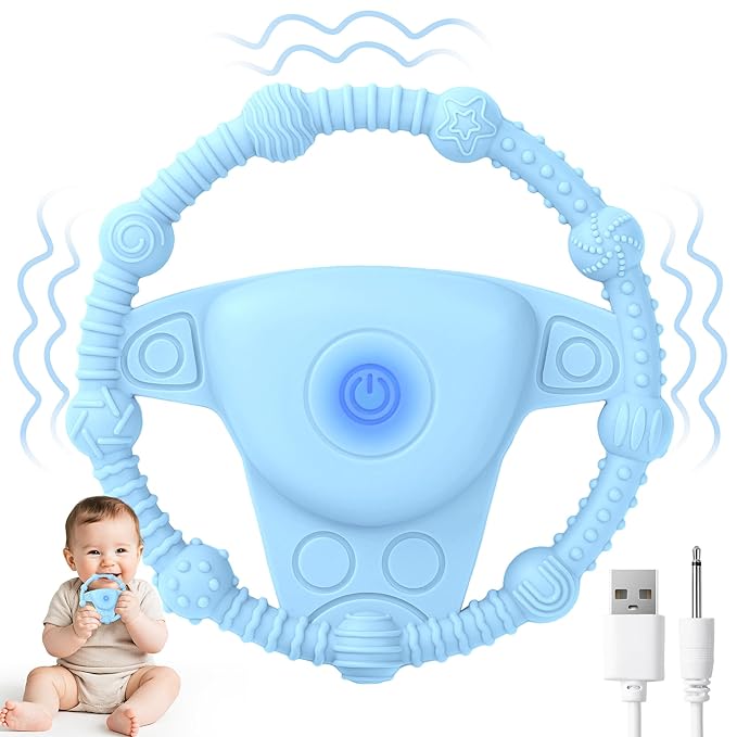 Vibrating Teething Toy with 3D Multi-Texture, Food-Grade Silicone Sensory Chew Toy for Autism Kids and Baby 3-18 Months, Baby Teething Ring for Teething Relief, Deep Blue